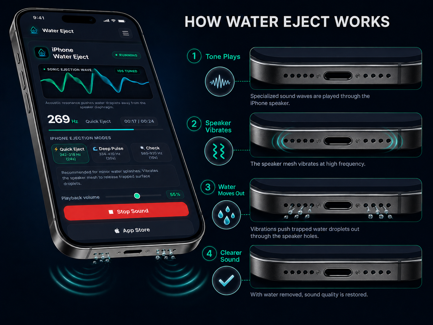 Realistic 4:3 iPhone Water Eject diagram showing sound waves vibrating the built-in speaker to push out small water droplets.