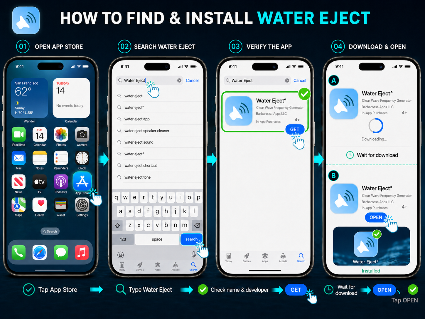 Step-by-step iPhone Water Eject app installation guide showing how to search, verify, download, install, and open the official app from the App Store.