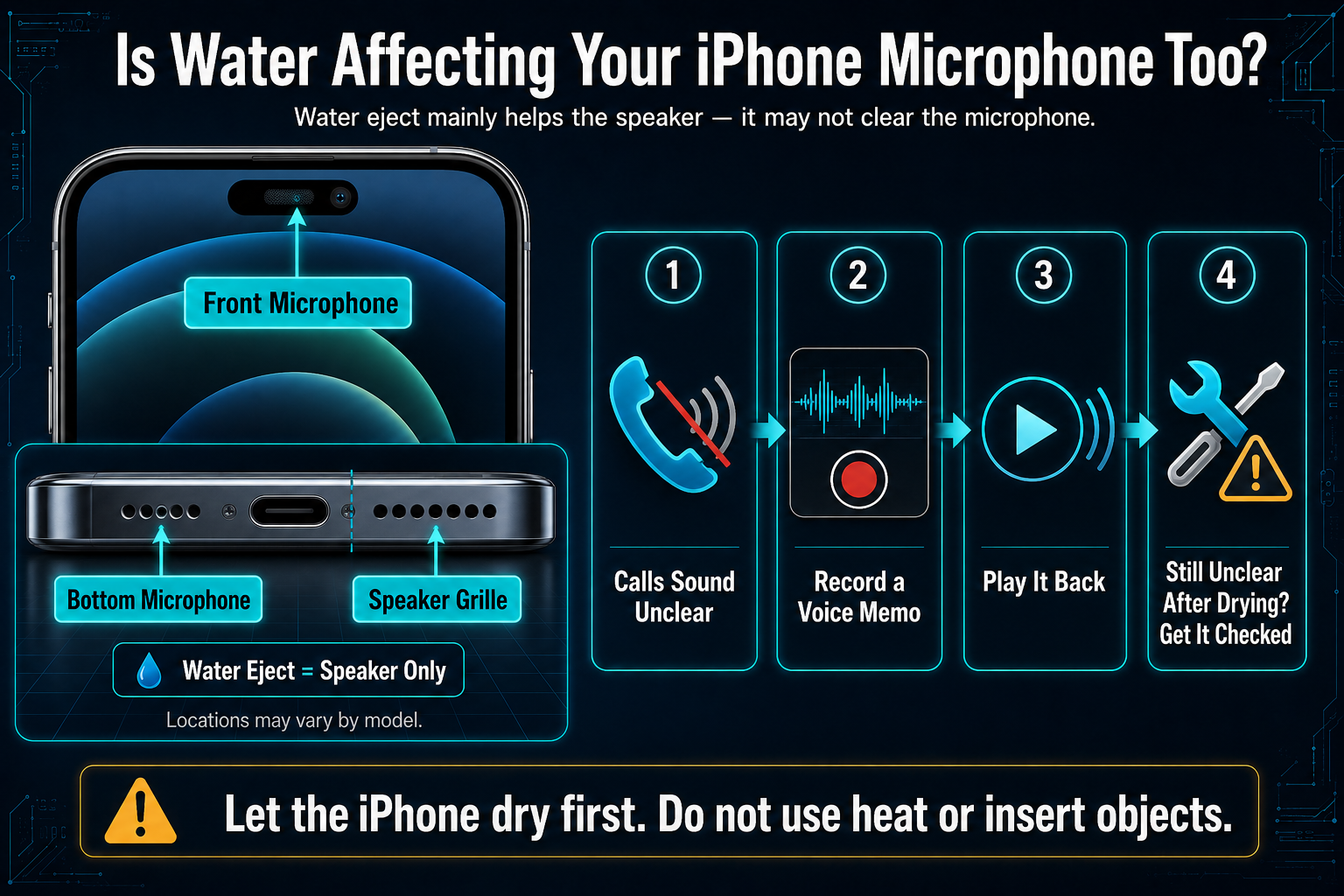 Educational diagram showing the iPhone’s front microphone, bottom microphone, and speaker grille, with steps for testing unclear audio using Voice Memos.