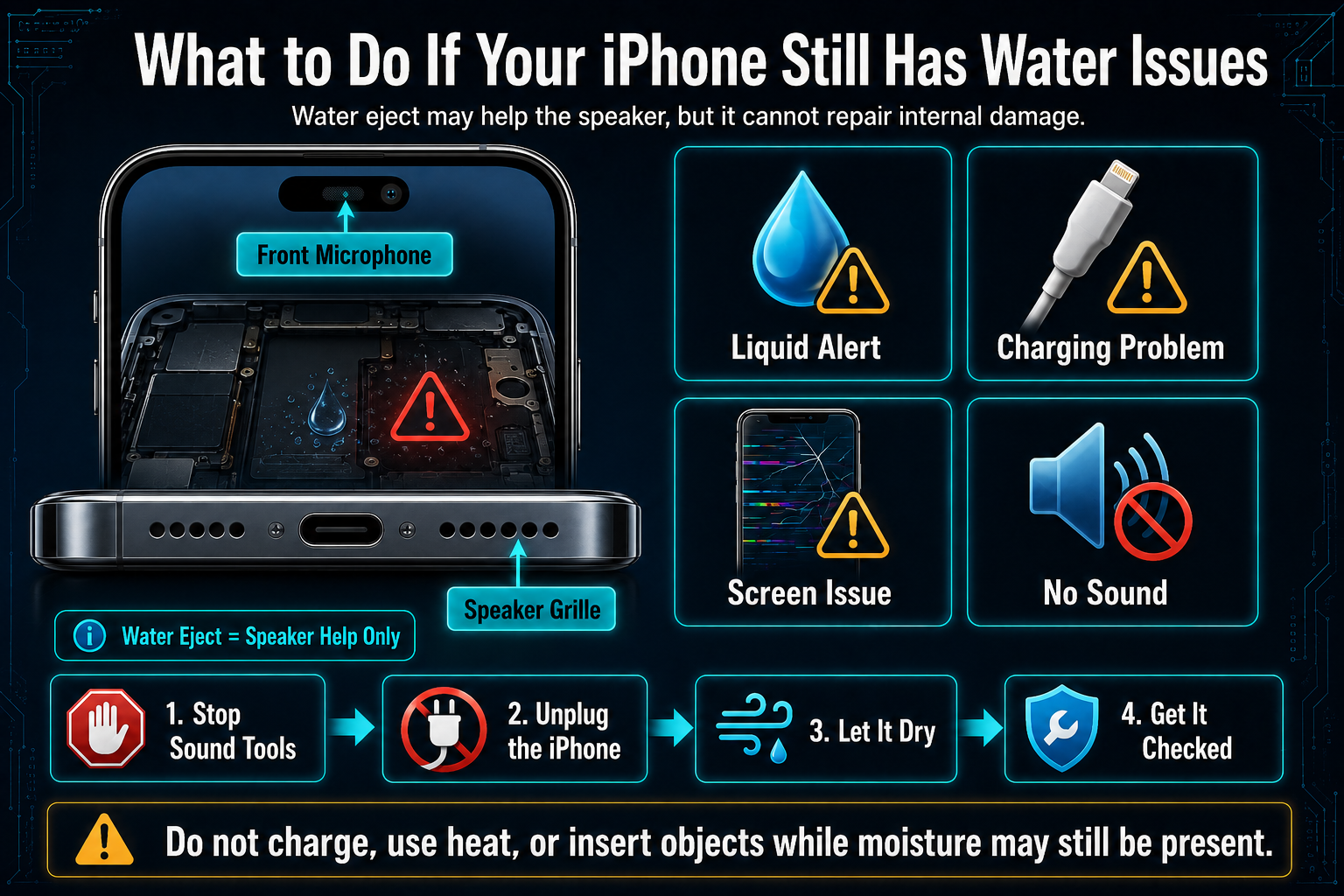 Educational diagram showing iPhone water-damage warning signs, including a liquid alert, charging problem, screen issue, and no sound, with safe drying steps.