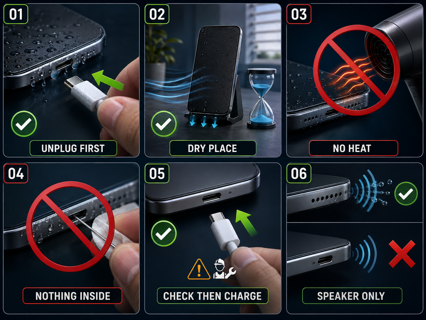 Six-step safety diagram showing how to unplug a wet phone, let the charging port dry naturally, avoid heat and inserted objects, check before charging, and use water-eject sound only for the speaker. Six-step safety diagram showing how to unplug a wet phone, let the charging port dry naturally, avoid heat and inserted objects, check before charging, and use water-eject sound only for the speaker.