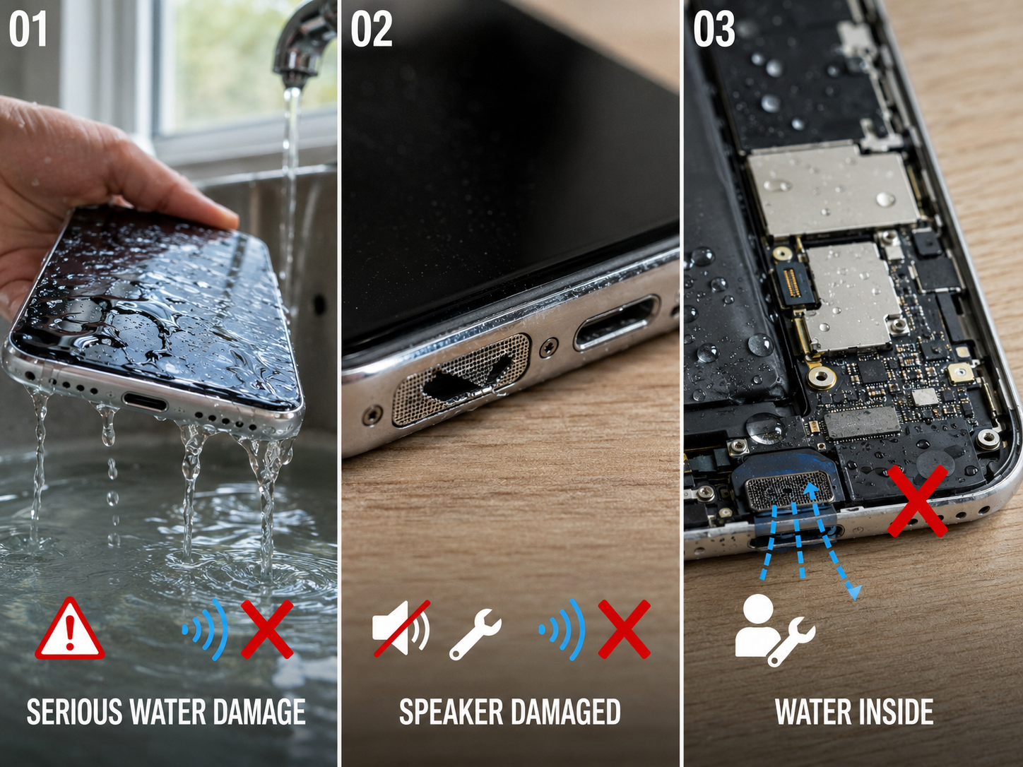 Three-panel realistic safety diagram showing that water eject sound cannot fix serious water damage, repair a damaged speaker, or remove water trapped inside a phone. Three-panel realistic safety diagram showing that water eject sound cannot fix serious water damage, repair a damaged speaker, or remove water trapped inside a phone.