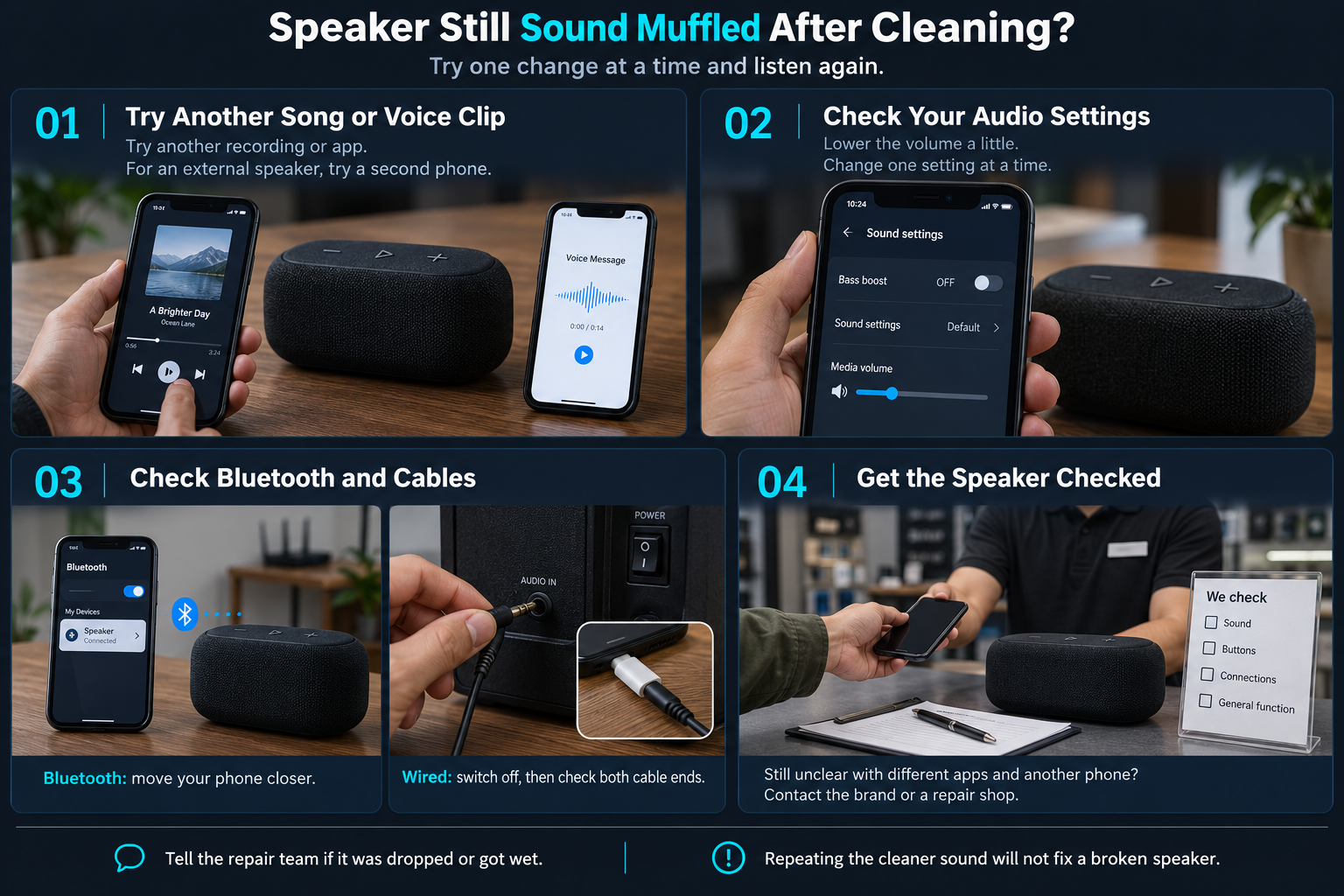 Troubleshooting muffled phone and external speakers after using a speaker cleaner: check recordings, audio settings, connections and repair options.