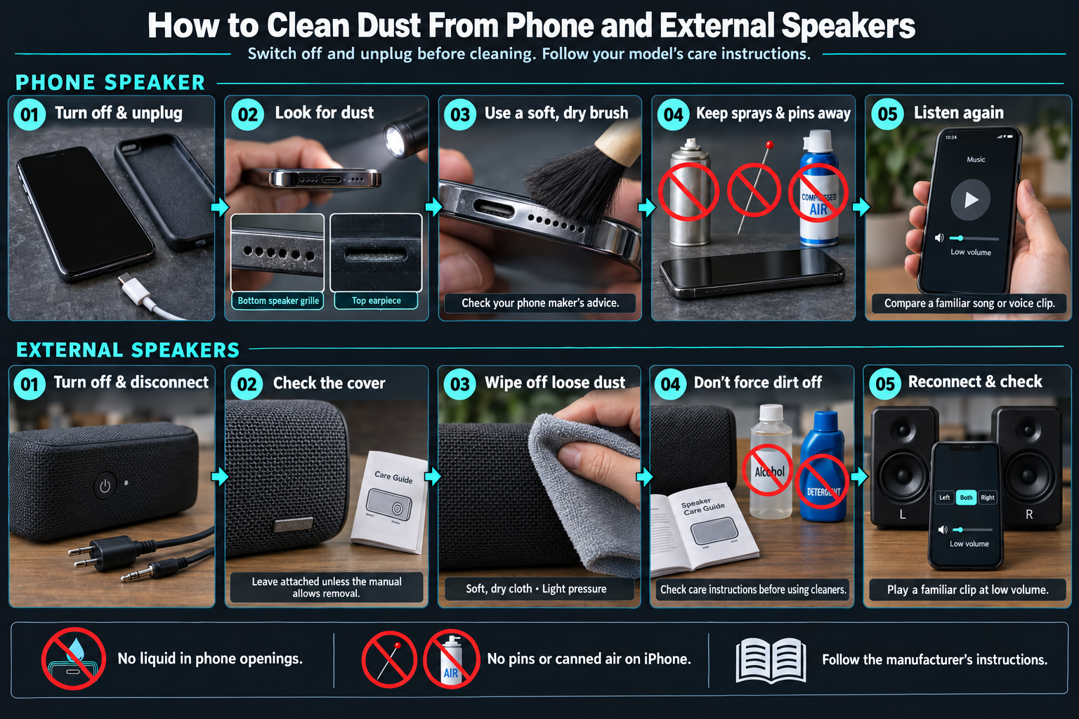 Phone speaker cleaner guide showing gentle brushing and external speaker care with a dry cloth, from switching off to checking the sound.